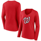 Washington Nationals Women's Official Logo Long Sleeve V-Neck T-Shirt Red
