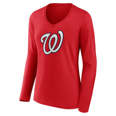 Washington Nationals Women's Official Logo Long Sleeve V-Neck T-Shirt Red