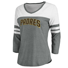 San Diego Padres Women's Official Wordmark 3/4 Sleeve V-Neck T-Shirt Heathered Gray/White