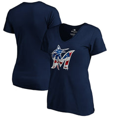 Miami Marlins Logo Women's Banner Wave V-Neck T-Shirt Navy