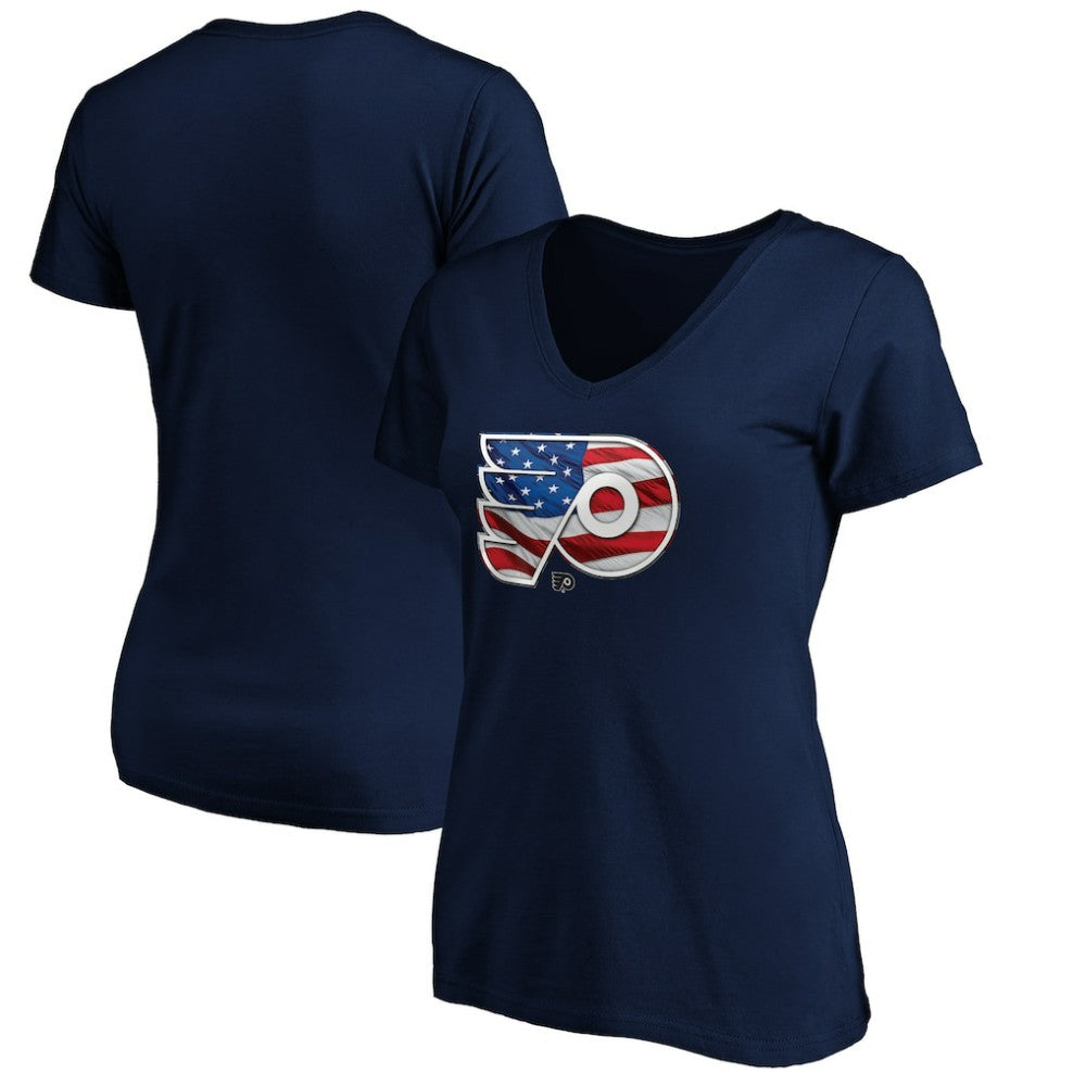 Philadelphia Flyers Women's Banner Wave Logo V-Neck T-Shirt T-Shirt - Navy T-shirts