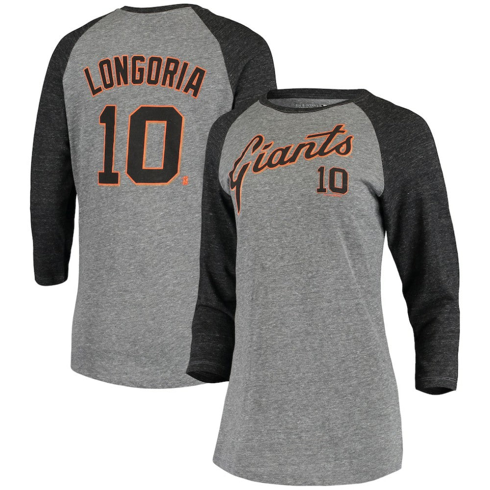 Evan Longoria San Francisco Giants 5th & Ocean by Women's Script Name & Number Raglan Tri-Blend 3/4-Sleeve T-Shirt Gray