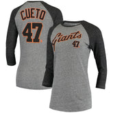 Johnny Cueto San Francisco Giants 5th & Ocean by Women's Script Name & Number Raglan Tri-Blend 3/4-Sleeve T-Shirt Gray