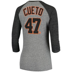 Johnny Cueto San Francisco Giants 5th & Ocean by Women's Script Name & Number Raglan Tri-Blend 3/4-Sleeve T-Shirt Gray