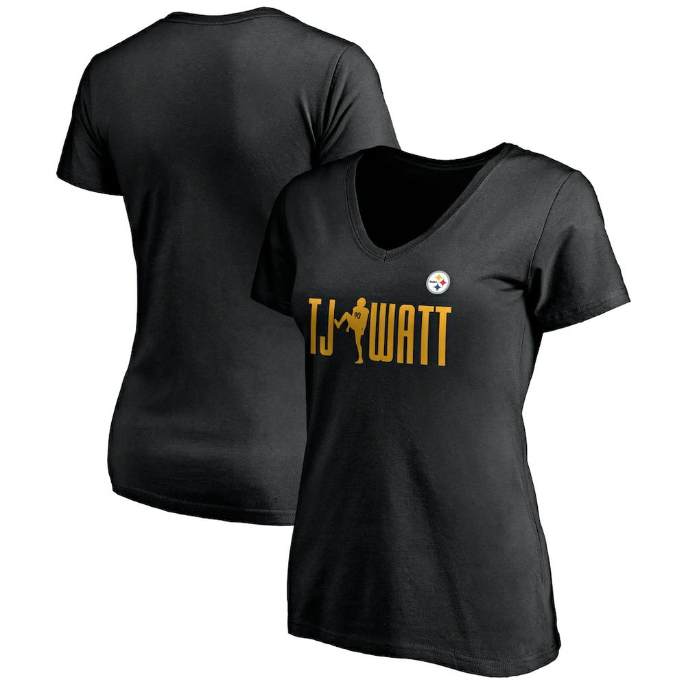 T.J. Watt Pittsburgh Steelers Women's Checkdown V-Neck T-Shirt - Black outlet