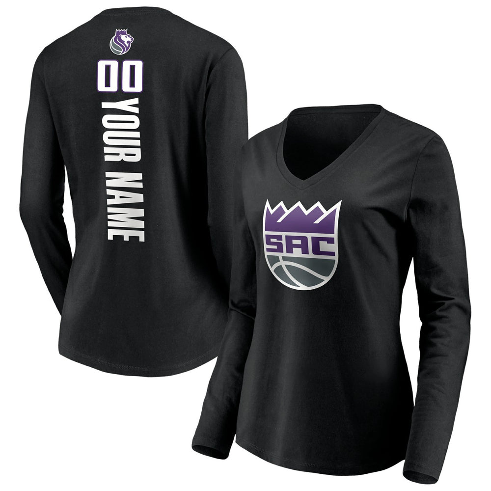 Sacramento Kings Women's Playmaker Personalized Name & Number Long Sleeve V-Neck T-Shirt - Black discount