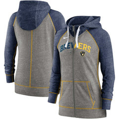 Milwaukee Brewers Women's Split Wordmark Gym Vintage Raglan Lightweight Full-Zip Hoodie Heather Charcoal/Heather Navy