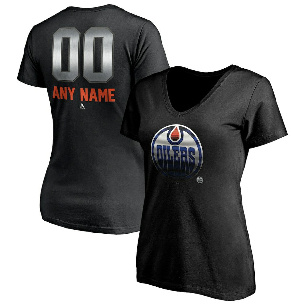 Edmonton Oilers Women's Personalized Midnight Mascot Logo V-Neck T-Shirt - Black T-shirts