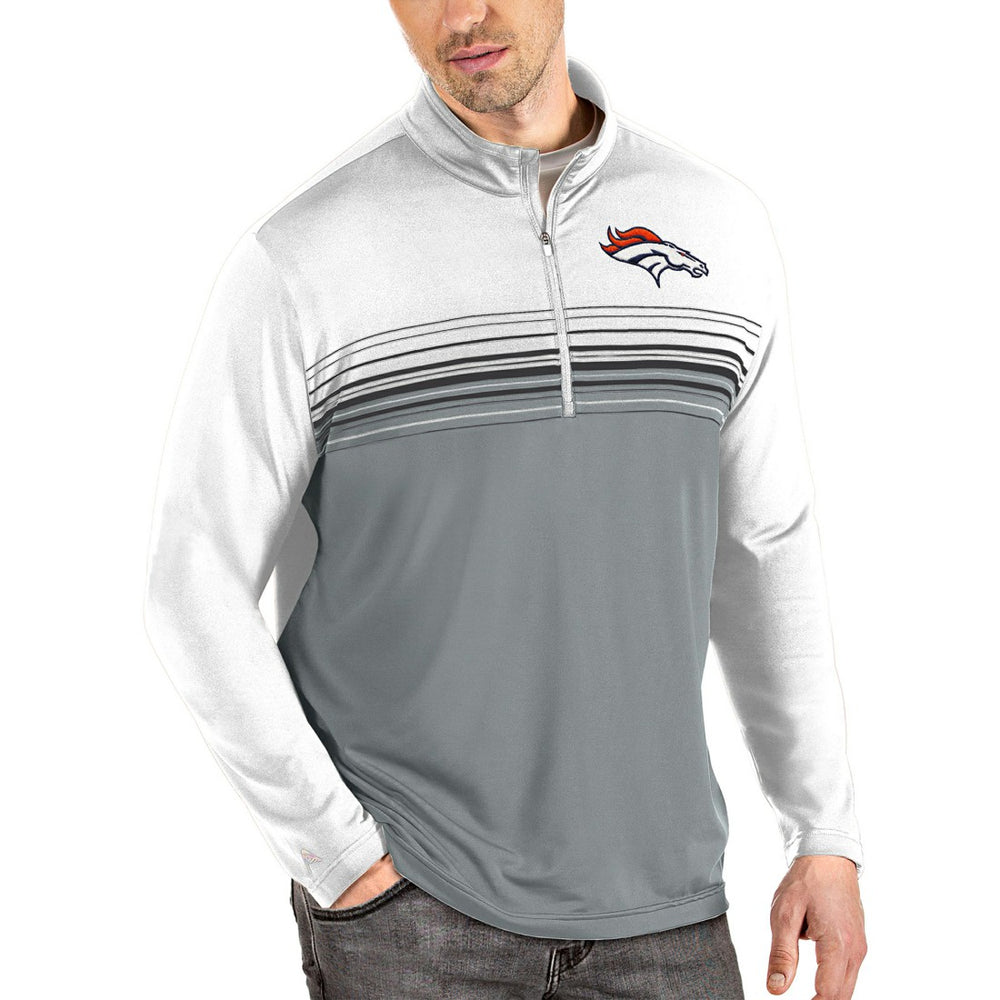 Denver Broncos Antigua Pace Quarter-Zip Pullover Jacket - White/Gray on sale