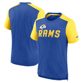 Los Angeles Rams Color Block Team Name T-Shirt - Heathered Royal/Heathered Gold discount
