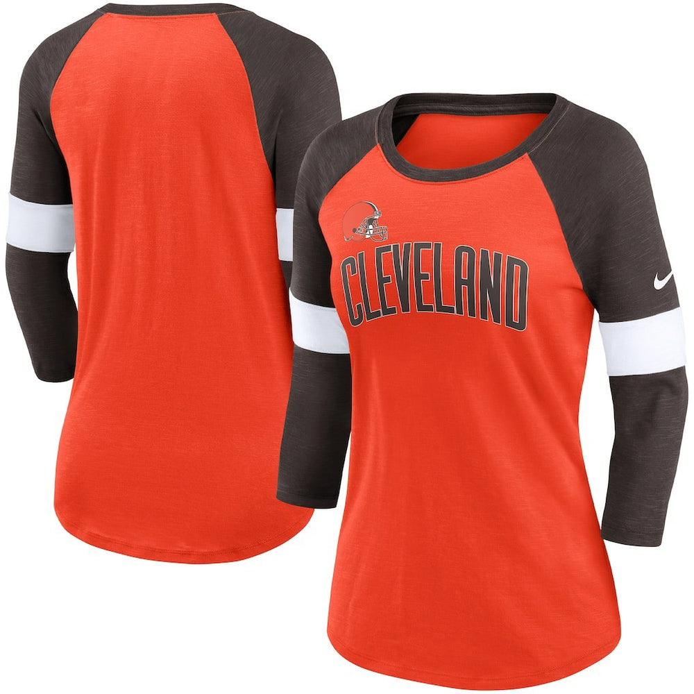 Cleveland Browns Women's Football Pride Slub 3/4 Raglan Sleeve T-Shirt - Heathered Orange/Brown for sale