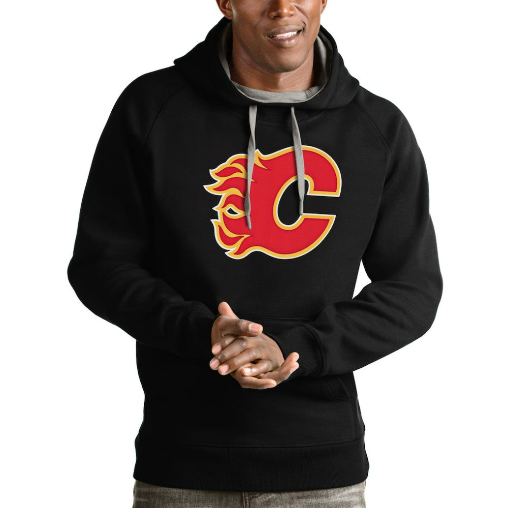 Calgary Flames Antigua Logo Victory Pullover Hoodie - Black Hoodies