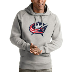 Columbus Blue Jackets Antigua Logo Victory Pullover Hoodie - Heathered Gray Hoodies