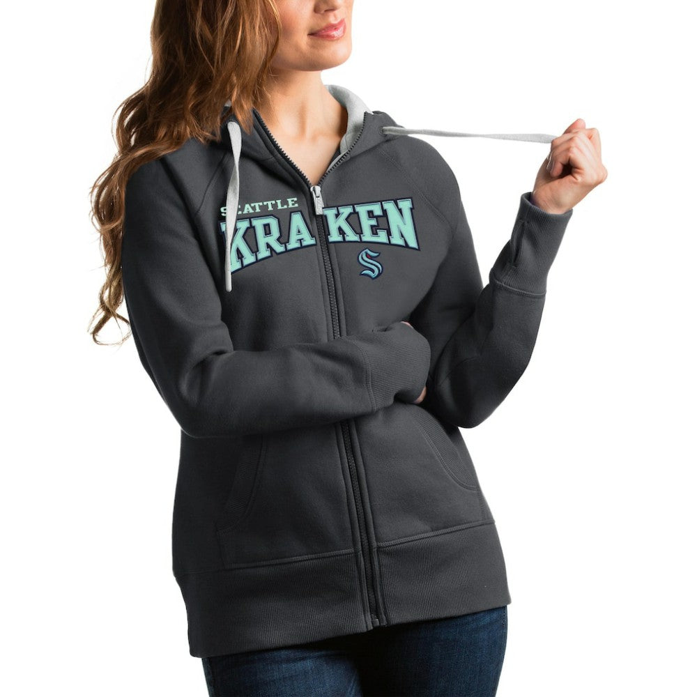 Seattle Kraken Antigua Women's Wordmark Victory Full-Zip Hoodie - Charcoal Hoodies