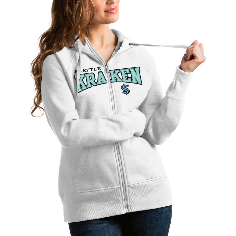 Seattle Kraken Antigua Women's Wordmark Victory Full-Zip Hoodie - White Hoodies