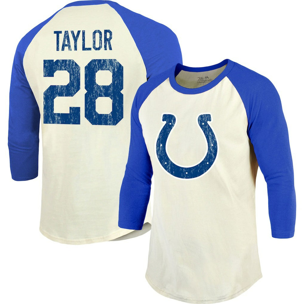 Jonathan Taylor Indianapolis Colts Majestic Threads Vintage Player Name & Number Raglan 3/4-Sleeve T-Shirt - Cream/Royal discount