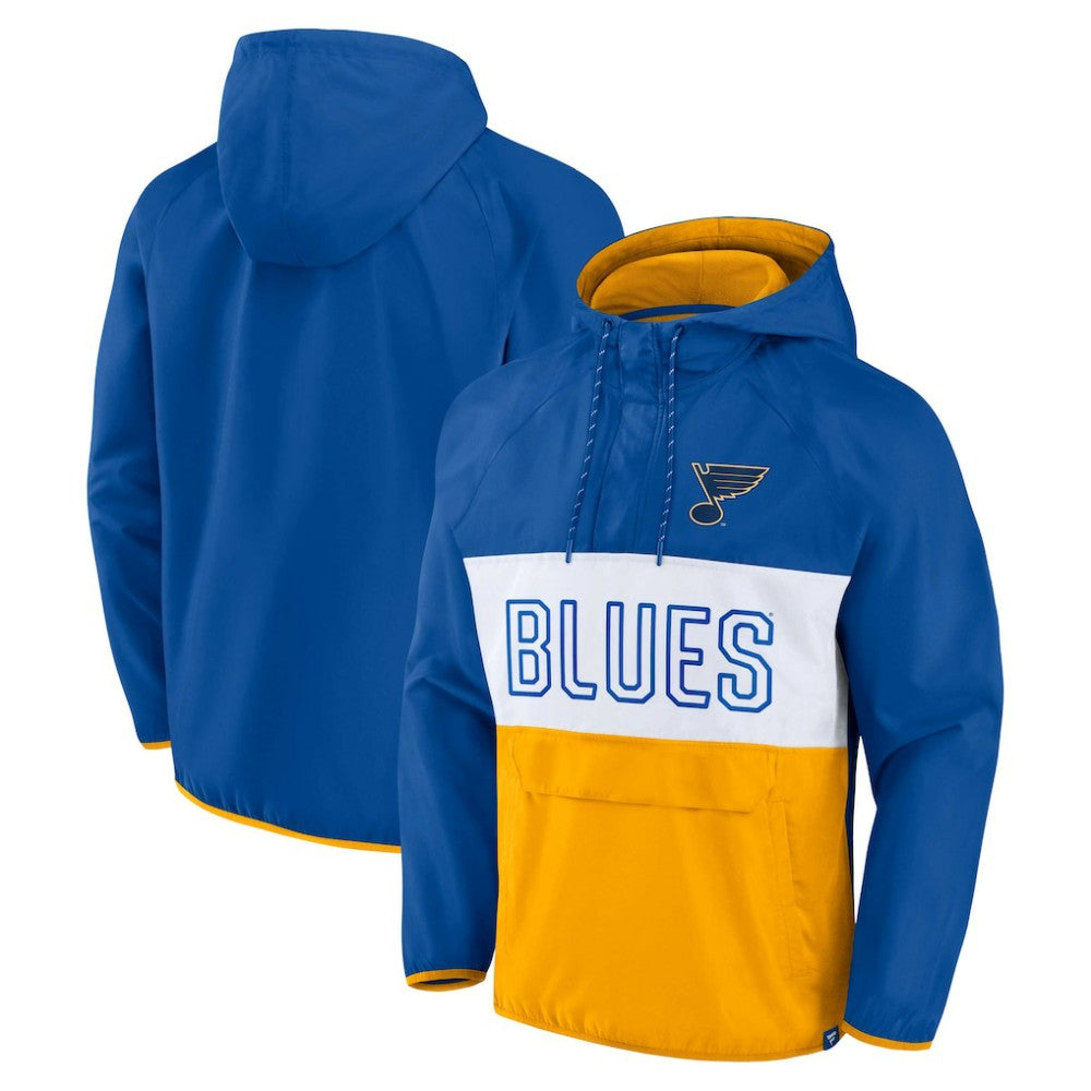St. Louis Blues Fanatics Backhand Shooter Defender Anorak Raglan Hoodie Quarter-Zip Jacket - Blue/Gold Hoodies
