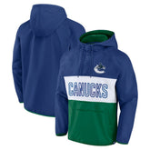 Vancouver Canucks Fanatics Backhand Shooter Defender Anorak Raglan Hoodie Quarter-Zip Jacket - Blue/Green Hoodies