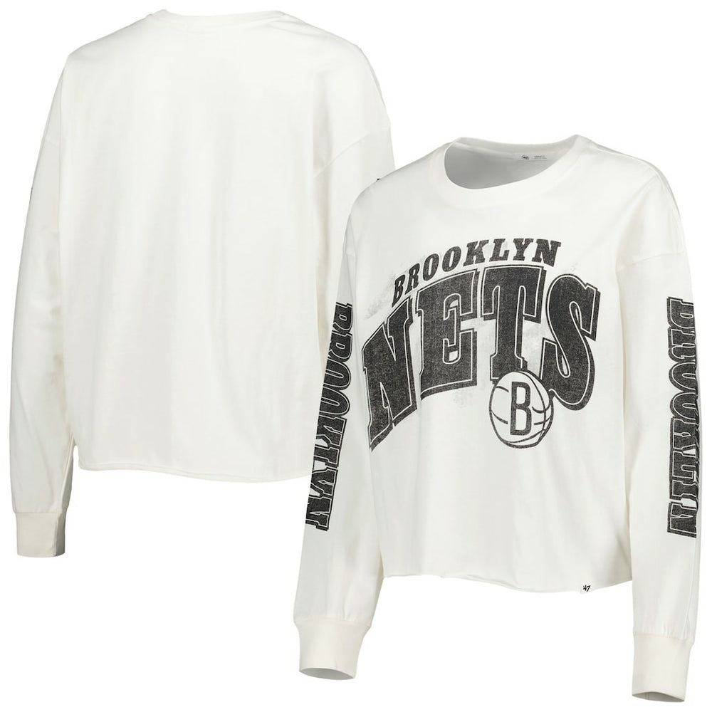 Brooklyn Nets '47 Women's Parkway Brush Back Long Sleeve Cropped T-Shirt - Cream outlet