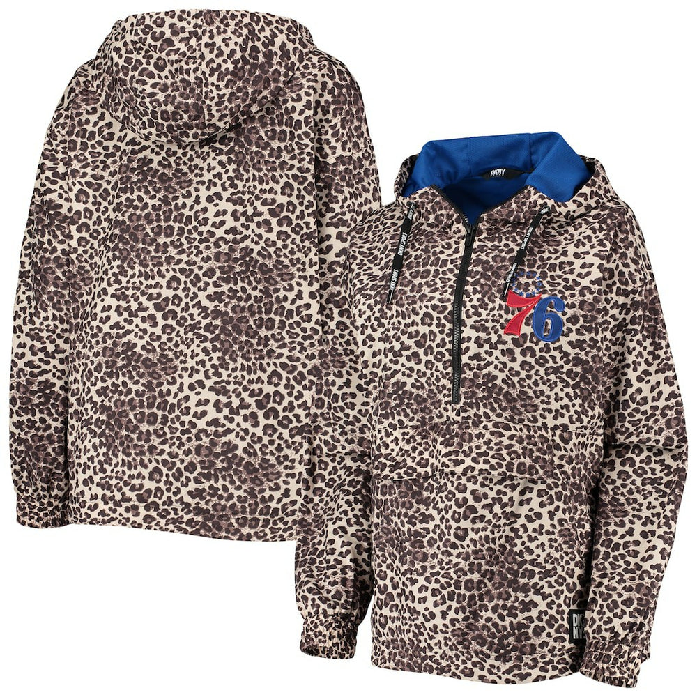 Philadelphia 76ers DKNY Sport Women's Gabriella Windbreaker Half-Zip Hoodie - Leopard on sale