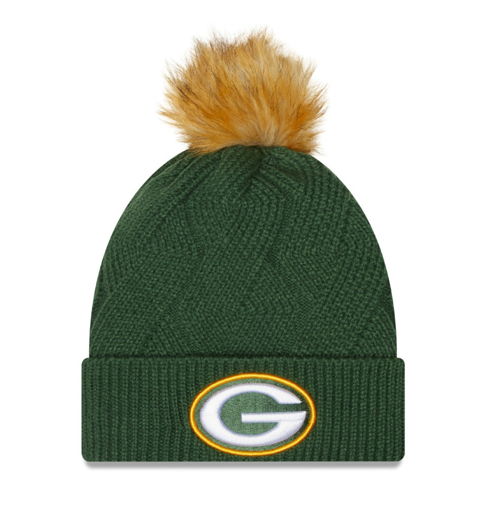 Green Bay Packers New Era Women's Snowy Cuffed Knit Hat with Pom - Green discount