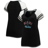 Miami Marlins Soft as a Grape Women's Curvy Color Block Tri-Blend Raglan V-Neck T-Shirt Black