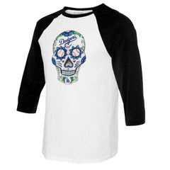 Los Angeles Dodgers Tiny Turnip Women's Sugar Skull 3/4-Sleeve Raglan T-Shirt White/Black