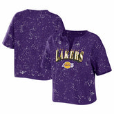 Los Angeles Lakers WEAR by Erin Andrews Women's Bleach Splatter Notch Neck T-Shirt - Purple outlet