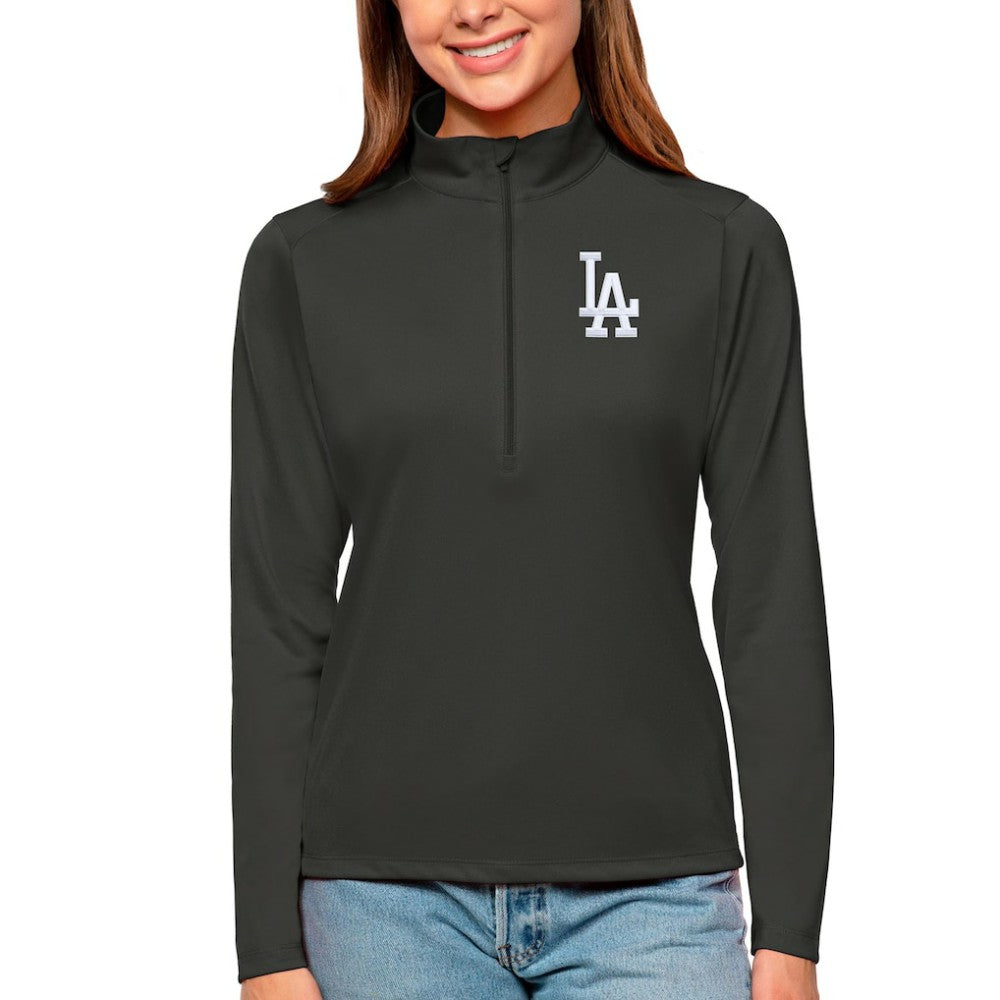 Los Angeles Dodgers Antigua Women's Tribute Quarter-Zip Pullover Top Charcoal