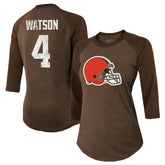 Deshaun Watson Cleveland Browns Majestic Threads Women's Name & Number Raglan 3/4 Sleeve T-Shirt - Brown outlet