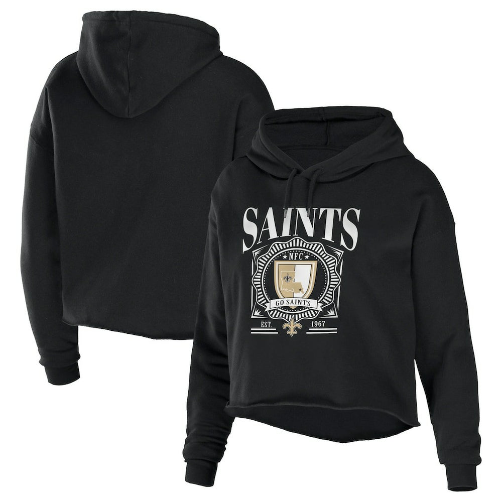 New Orleans Saints WEAR by Erin Andrews Women's Cropped Sponge Fleece Pullover Hoodie - Black outlet