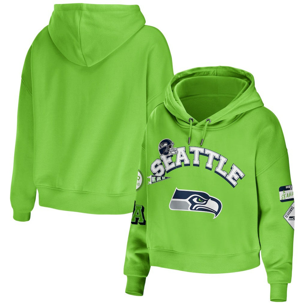 Seattle Seahawks WEAR by Erin Andrews Women's Plus Size Modest Cropped Pullover Hoodie - Neon Green on sale