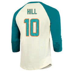 Tyreek Hill Miami Dolphins Majestic Threads Vintage Player Name & Number Raglan 3/4-Sleeve T-Shirt - Cream/Aqua on sale
