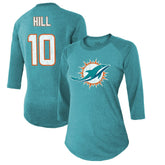 Tyreek Hill Miami Dolphins Majestic Threads Women's Name & Number Raglan 3/4 Sleeve T-Shirt - Aqua discount