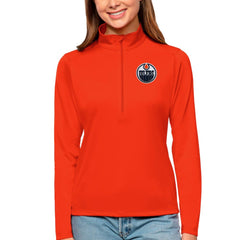 Edmonton Oilers Antigua Women's Tribute Quarter-Zip Pullover Top - Orange Pullover