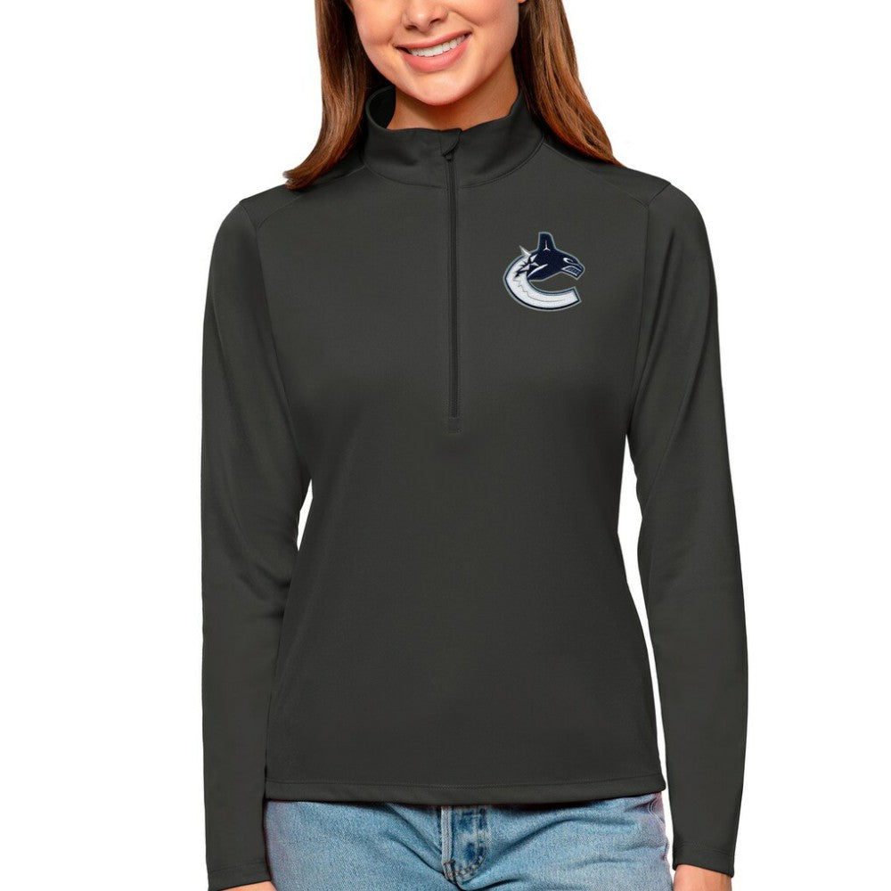 Vancouver Canucks Antigua Women's Tribute Quarter-Zip Pullover Top - Charcoal Pullover