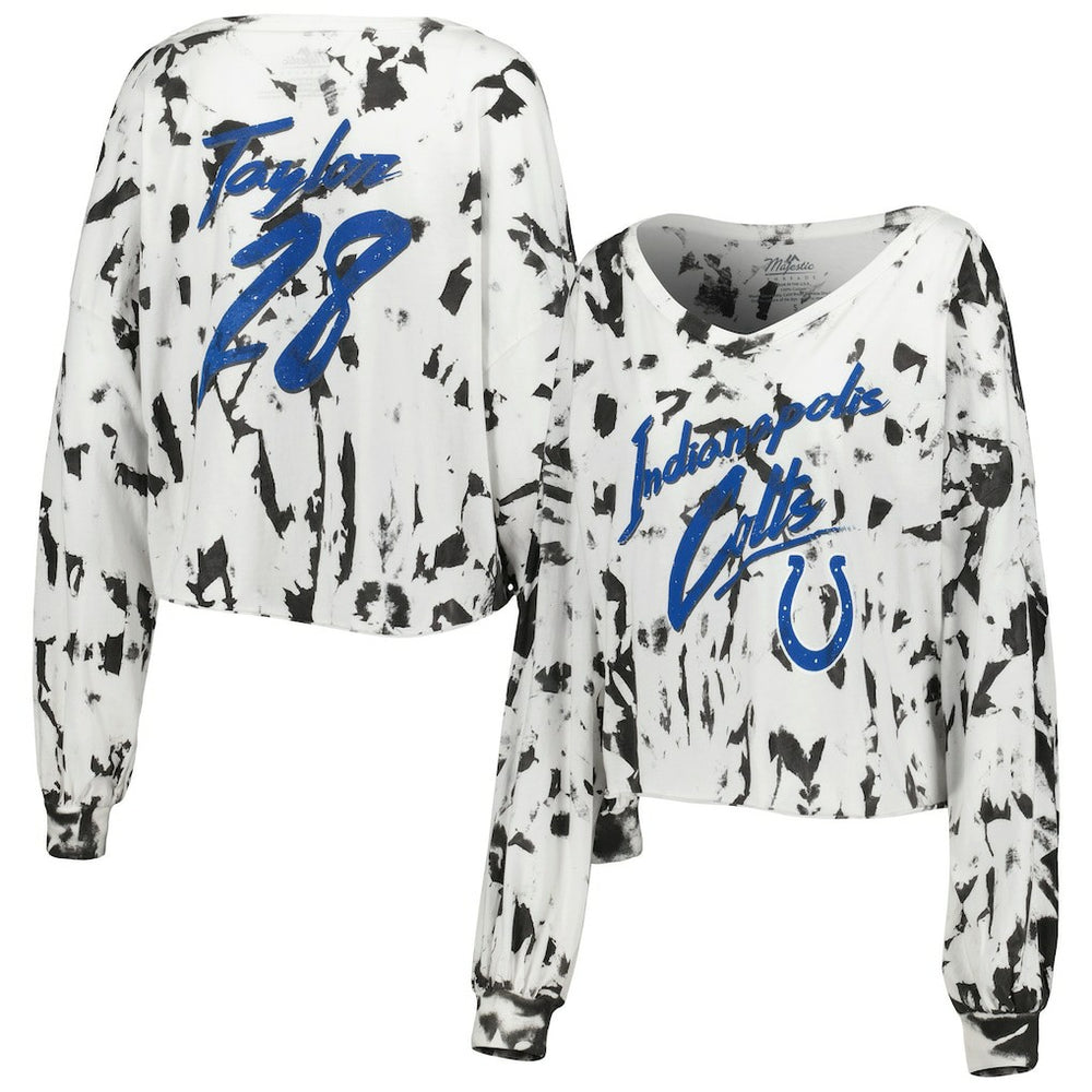 Jonathan Taylor Indianapolis Colts Majestic Threads Women's Off-Shoulder Tie-Dye Name & Number Cropped Long Sleeve V-Neck T-Shirt - White outlet