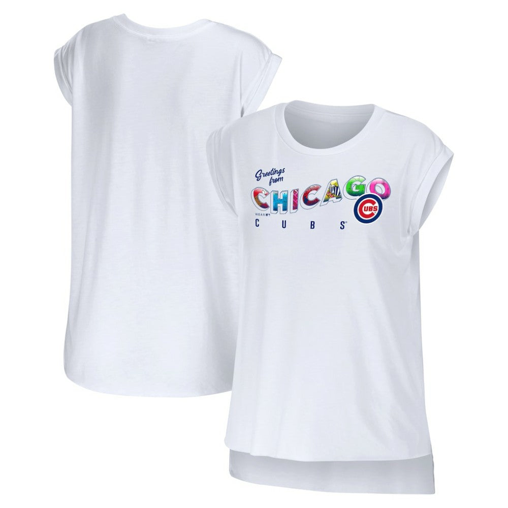 Chicago Cubs WEAR by Erin Andrews Women's Greetings From T-Shirt White