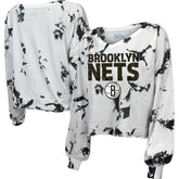 Brooklyn Nets Majestic Threads Women's Aquarius Tie-Dye Cropped V-Neck Long Sleeve T-Shirt - White/Black sale