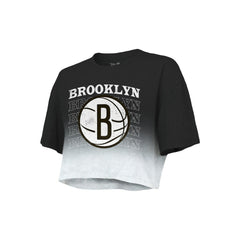 Brooklyn Nets Majestic Threads Women's Repeat Dip-Dye Cropped T-Shirt - Black/White on sale