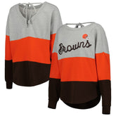 Cleveland Browns Touch Women's Outfield Deep V-Back Waist Length Pullover Sweatshirt - Heather Gray/Brown on sale
