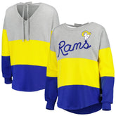Los Angeles Rams Touch Women's Outfield Deep V-Back Waist Length Pullover Sweatshirt - Heather Gray/Royal discount