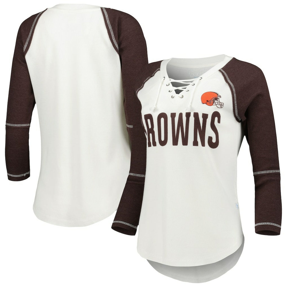 Cleveland Browns Touch Women's Rebel Raglan Tri-Blend 3/4-Sleeve Lace-Up V-Neck T-Shirt - White/Brown online