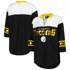 Pittsburgh Steelers G-III 4Her by Carl Banks Women's Double Team 3/4-Sleeve Lace-Up T-Shirt - Black/White on sale
