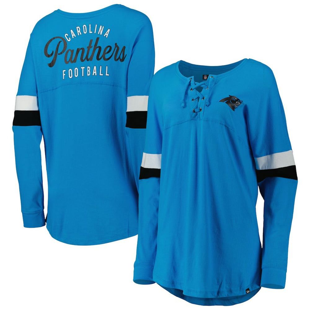 Carolina Panthers New Era Women's Athletic Varsity Lace-Up Lightweight Long Sleeve T-Shirt - Blue on sale