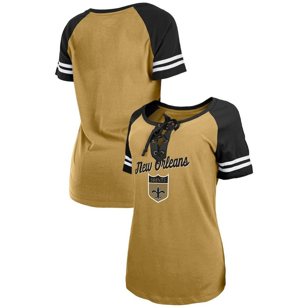 New Orleans Saints New Era Women's Legacy Lace-Up Raglan T-Shirt - Gold/Black sale