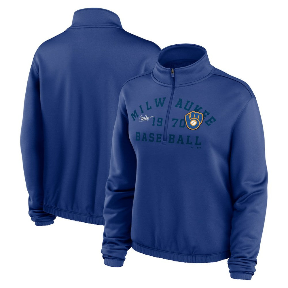 Milwaukee Brewers Women's Rewind Splice Half-Zip Semi-Cropped Bubble Hem Sweatshirt Royal