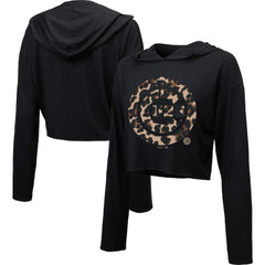 Chicago Cubs Majestic Threads Women's Leopard Cropped Hoodie Black