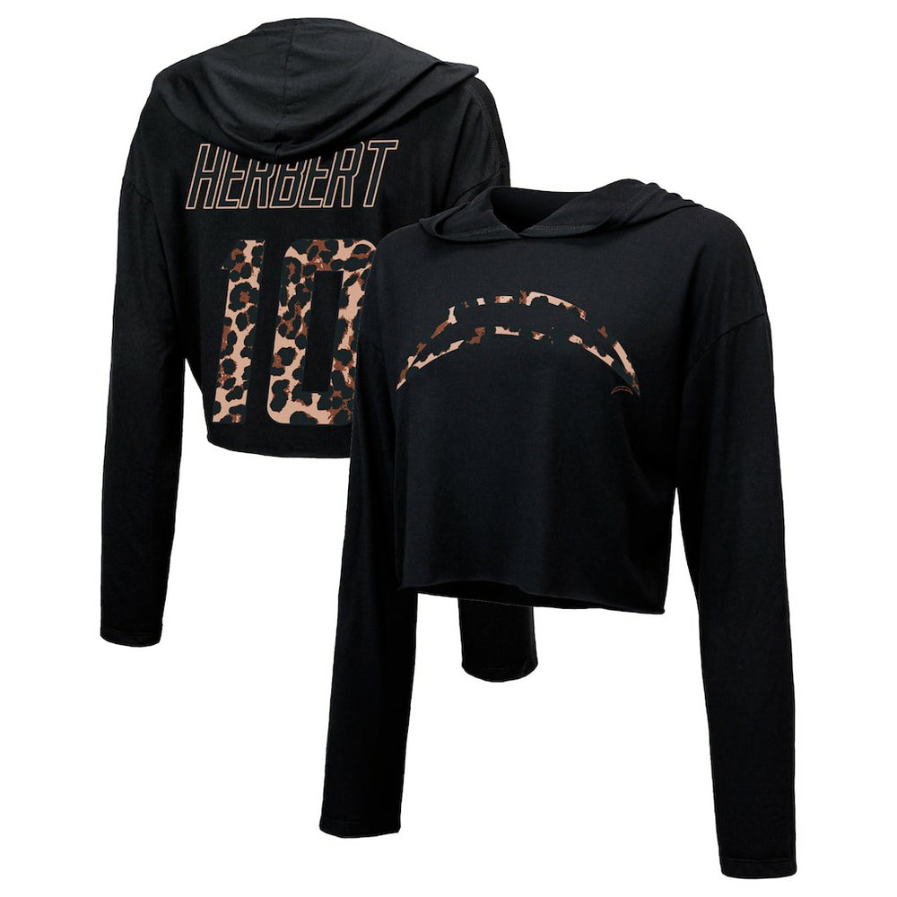 Justin Herbert Los Angeles Chargers Majestic Threads Women's Leopard Player Name & Number Long Sleeve Cropped Hoodie - Black sale