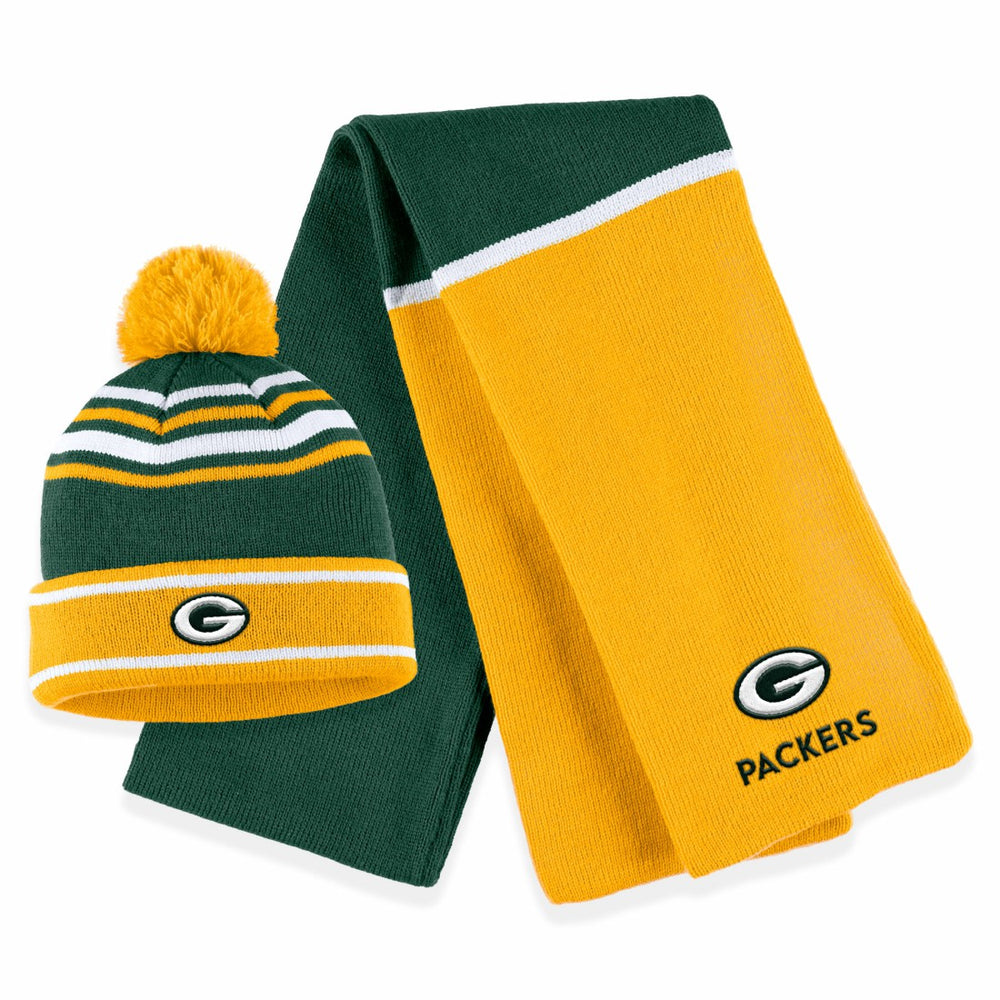 Green Bay Packers WEAR by Erin Andrews Women's Colorblock Cuffed Knit Hat with Pom and Scarf Set - Green outlet